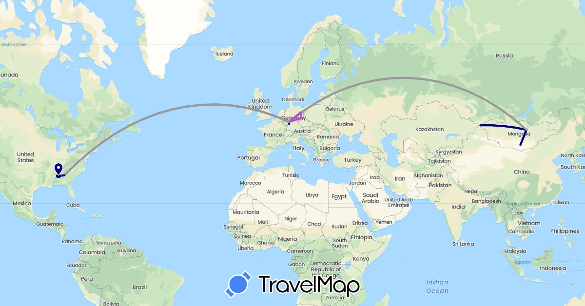 TravelMap itinerary: driving, plane, train in Germany, Mongolia, Russia, United States (Asia, Europe, North America)